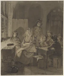 Intérieur avec groupe de personnes autour d