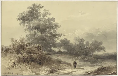 Paysage avec bosquet et une figure sur un chemin de campagne
