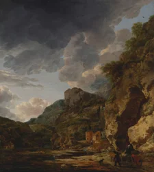 Paysage de montagne avec rivière et chariot, troisième quart du XVIIe siècle (huile sur panneau)