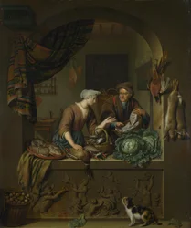 Une femme et un marchand de poissons dans une cuisine, 1713