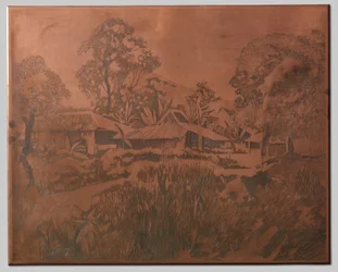 Buitenzorg, maisons de kampong, Salak et Cedeh à droite en arrière-plan