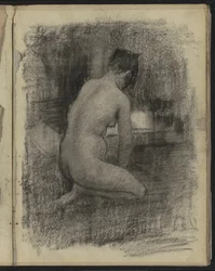 Nu féminin agenouillé dans un intérieur