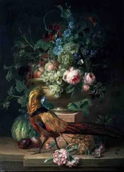 Nature morte avec des fleurs et un faisan