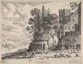 Paysage avec une maison, des figures et du bétail