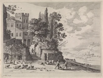 Paysage avec une maison, des figures et du bétail