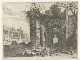 Famille reposant devant une ruine