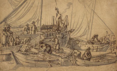 Figures à bord de petits navires marchands, vers 1650-5 (dessin à la plume, encre brune et lavis)
