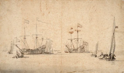 Un kaag en liberté et deux navires amiraux néerlandais au mouillage, vers 1665