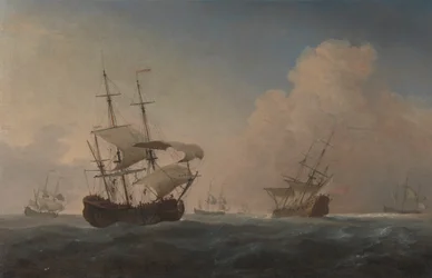 Navires de guerre anglais inclinés dans la brise au large