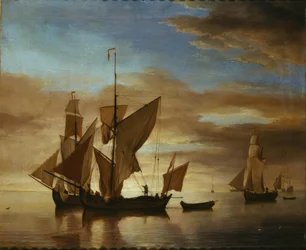 Bateaux sur une mer calme au crépuscule
