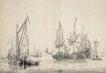 Voiliers et une frégate hollandaise séchant ses voiles. Dessin et lavis (26x37 cm), par William van de Velde l
