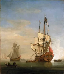 Un sixième rang, petit navire de guerre britannique, tirant le canon en salutation