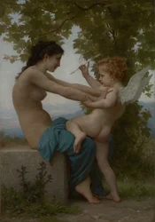 Une jeune fille se défendant contre Éros, vers 1880