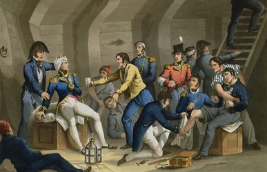 Le poste de secours, bataille du Nil, montrant Nelson blessé lors de la bataille, gravé par Matthew Dubourg (fl.1813-20) tiré de « Anecdotes historiques, militaires et navales », publié par Edward Orme (1774-c.1820) 1817