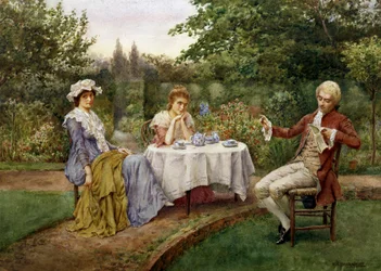 Reading in the Garden. Lecture dans un jardin. Un homme lit un poeme a deux femmes assise reveuses autour d