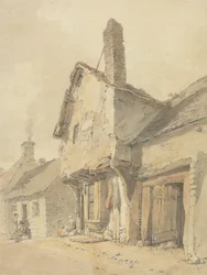 Une rue de village, figures près de vieux cottages