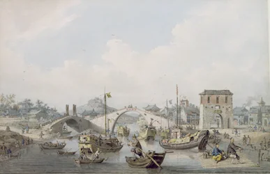 Bateaux sur la rivière à Suchow, Chine (aquarelle sur plomb noir)