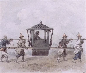 Serviteurs chinois portant un palanquin