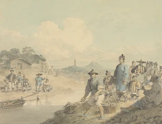 Vue en Chine : personnages avec pagode et montagne
