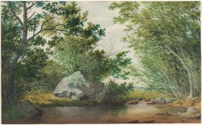 Paysage avec ruisseau boisé et rocher, vers 1880