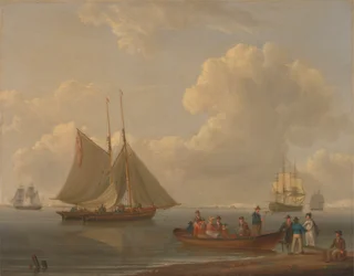 Un wherry emmenant des passagers vers deux paquebots ancrés
