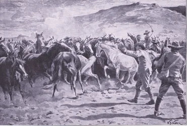 La capture des chevaux dans le district de Brandwater près de Fouriesburg : rassemblement du troupeau, illustration de Après Pretoria : La guerre de guérilla, 1902