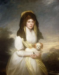 Portrait de la reine Charlotte, trois-quarts longueur, en robe blanche, un châle jaune et une mantille noire, tenant un chien maltais, dans les jardins de Frogmore House