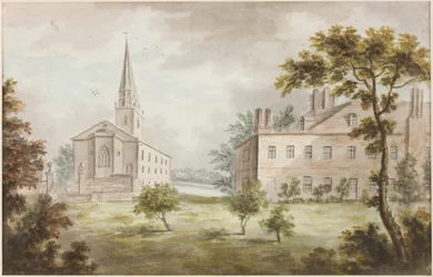 Église et maison dans le paysage