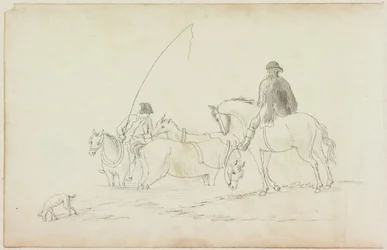 Deux hommes à cheval avec deux chevaux et un chien