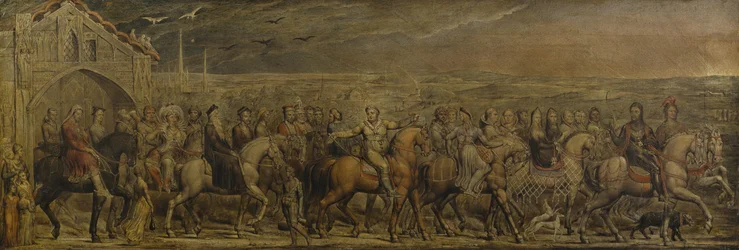 Sir Jeffrey Chaucer (c.1342-1400) et les vingt-neuf pèlerins en route pour Canterbury