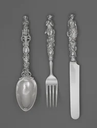 Ensemble de couverts pour enfant (couteau, fourchette et cuillère), vers 1865-1874 (argent)
