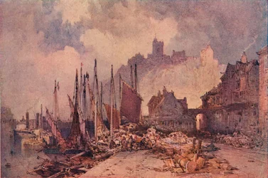 Marché aux poissons sur le quai, port de Folkestone, c1885