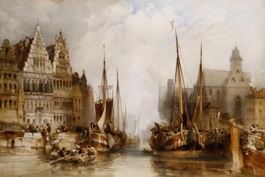 Maisons des Franc Bateliers et église Saint-Nicolas sur le canal à Gand, 1845