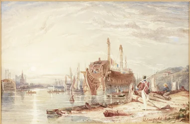 Hulk dans le port de Falmouth (aquarelle rehaussée de blanc sur papier)