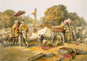 Pheel Khana, ou quartiers des éléphants, camp de Holkar, extrait de «India Ancient and Modern», 1867