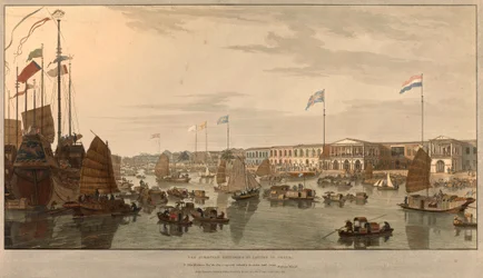 Comptoirs commerciaux européens (Compagnies des Indes orientales) à Canton, Chine. Dessiné et gravé par William Daniell (1769-1837) 1805