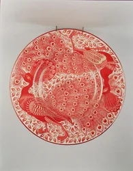 Plat de présentation à lustre rubis et or décoré de deux paons, peint par Charles Passenger, vers 1890