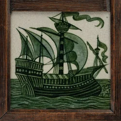 Panneau de carreaux de navires à pleine voile, encadré, vers 1865-80