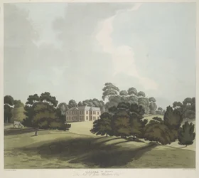 Figures et un cheval dans un parc; Maison Vinters au milieu; arbres tout au long de la scène