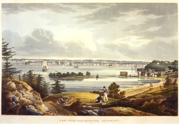 New York depuis les hauteurs près de Brooklyn, gravé par John Hill