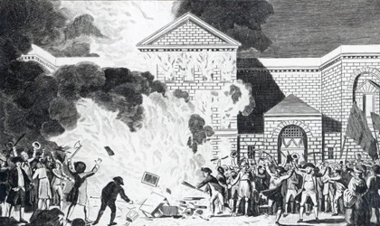Les dévastations causées par les émeutiers de Londres incendiant la nouvelle prison de Newgate et brûlant les meubles de M. Akerman, 6 juin 1780, gravé par T. Thornton