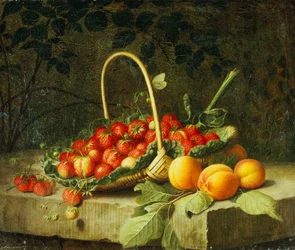 Un panier de fraises avec des pêches sur un rebord de pierre, 1856