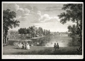 Vue du lac depuis la promenade centrale dans le jardin de West Wycombe, Buckinghamshire, gravé par William Woollett (1735-85)