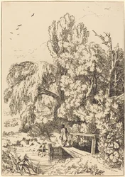 Paysage avec Arbres, Fille Traversant une Passerelle