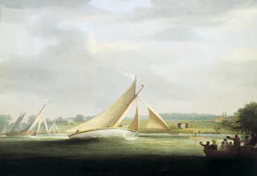 Yachts de la Cumberland Society en course sur la Tamise (Angleterre), vers 1815, ancêtre de la Royal Yacht Race sur la Tamise