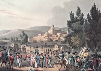 Bataille de Vittoria, 1813, apportant les prisonniers, gravé par I. Clarke, aquatinte par M. DuBourg
