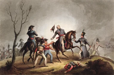Mort de Sir John Moore (1761-1809), 17 janvier 1809, tiré de «Les exploits militaires de la Grande-Bretagne et de ses alliés de 1799-1815», par James Jenkins, gravé par Thomas Sutherland (né v. 1785), publié