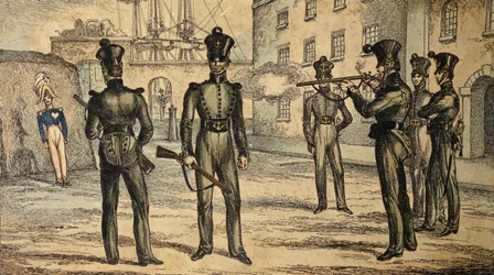 Fusiliers marins à la pratique de la cible oscillante, vers 1835