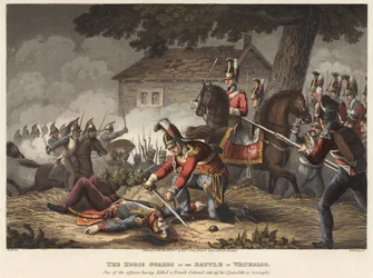 Les Horse Guards à la bataille de Waterloo, un des officiers ayant tué un colonel français coupe son épaulette en triomphe, gravé par M. Dubourg, 1819