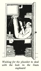 En attendant le plombier pour réparer la fuite dans le placard à linge (lithographie)